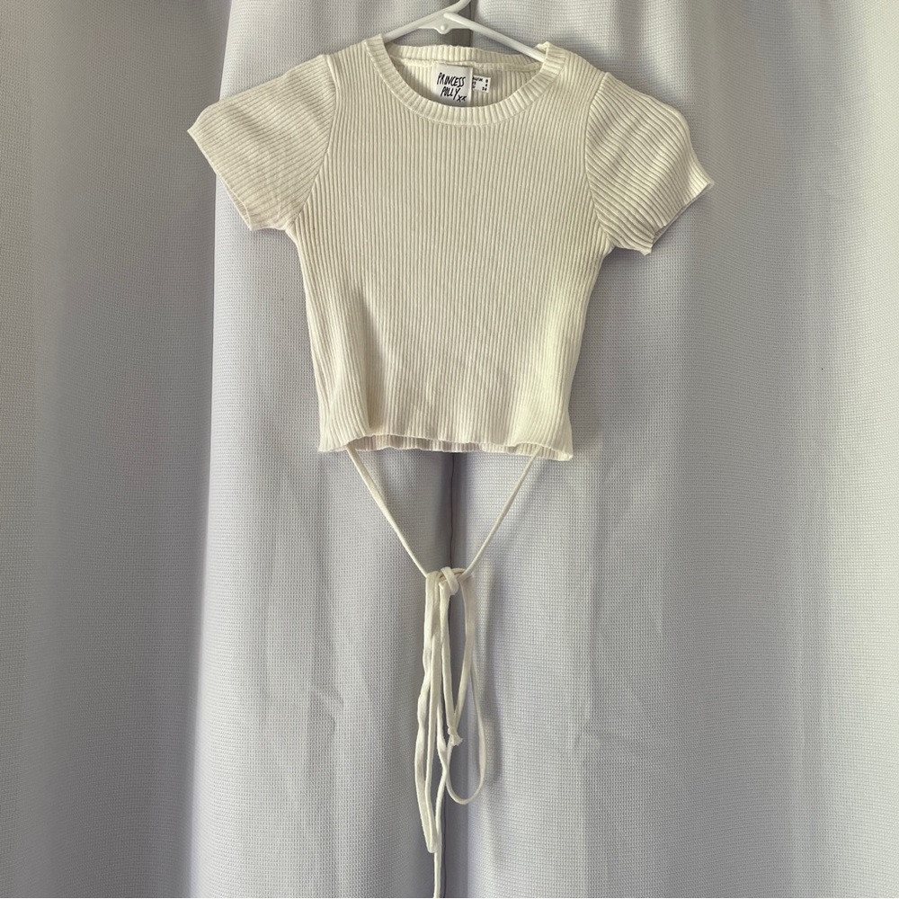 Princess Polly Off White Ribbed High Neck Waist Wrap Short Sleeve Crop Top Sz 4